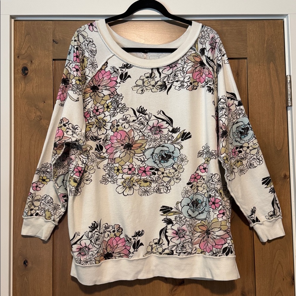 Free People Cream Floral Printed Sweatshirt with Pink & Blue Accents